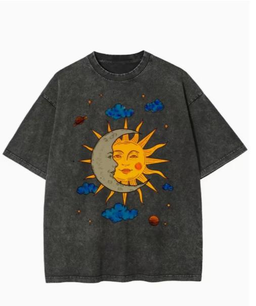 Retro Distressed T-Shirt Sonne Mond Coole Katze Print Vintage Baumwolle Lässig Oversized Tee M