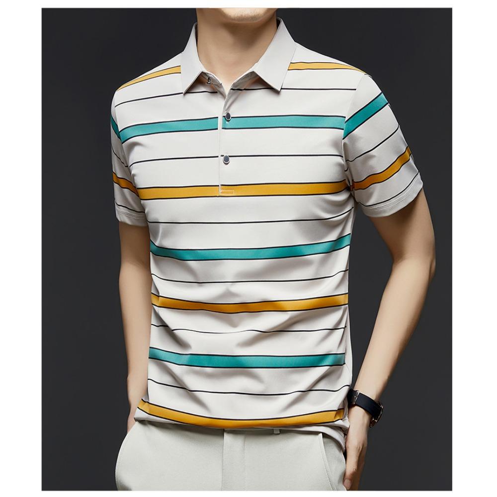 Short Sleeved Men's Polo Shirt Summer New Business Casual Striped Thin Ice Silk T-shirt Base Shirt