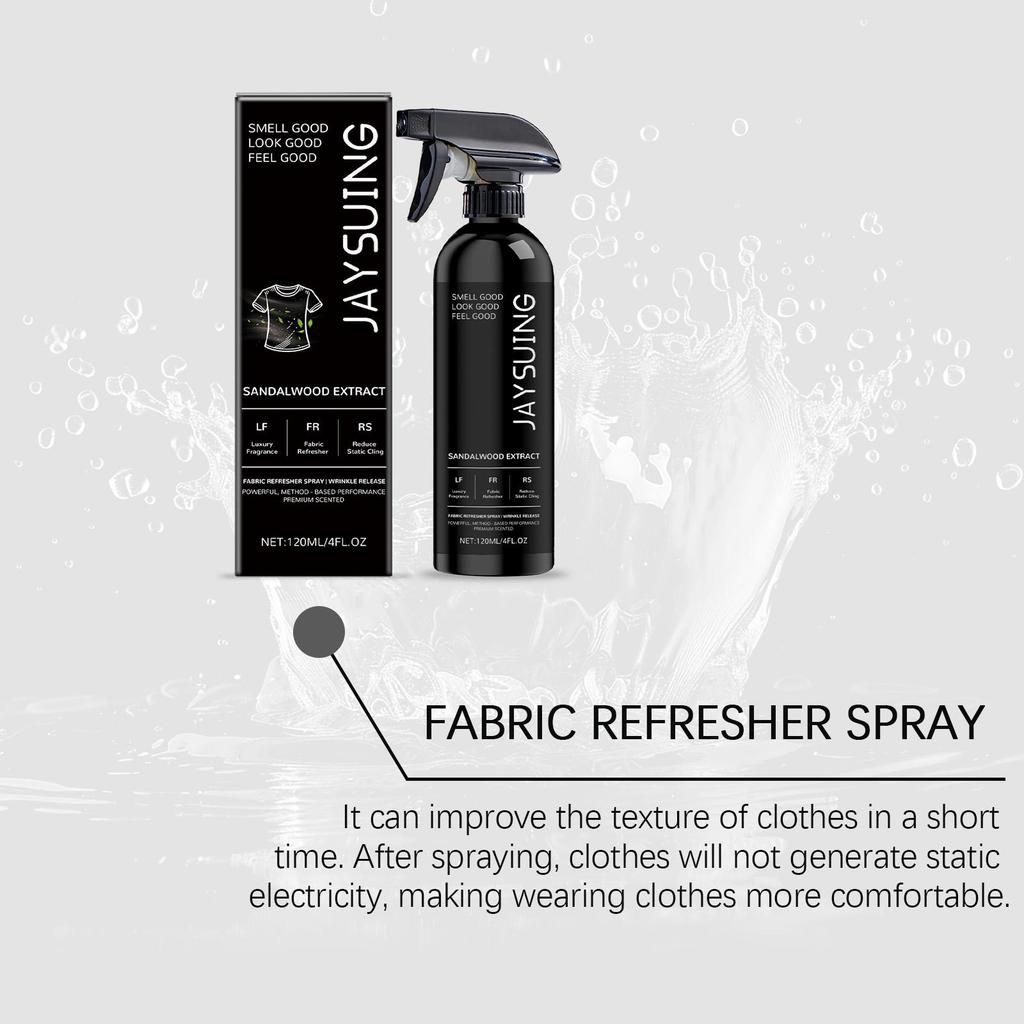 Clothing freshening spray with luxurious long-lasting fragrance removes static electricity and is convenient for on-the-go use