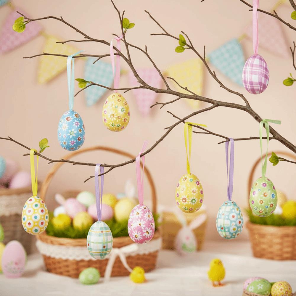 24Pcs Multicolor Easter Egg Ornaments DIY Craft Cute Foam Easter Eggs Handmade Hanging Ropes Hanging Ornaments Home Decorations
