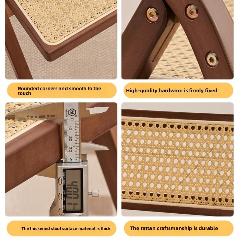 Home Backrest Dining Chair, Wabi-Sabi Style Woven Foldable Stool, Solid Wood Collapsible Chair, Casual Tea & Dining Bench