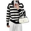 Womens Oversized Knit Sweater With Shirt Collar Color-Block Striped Long Sleeve Pullover Winter Office Wear