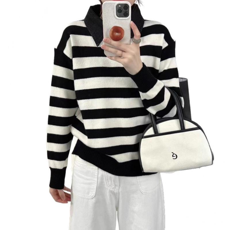 Womens Oversized Knit Sweater With Shirt Collar Color-Block Striped Long Sleeve Pullover Winter Office Wear
