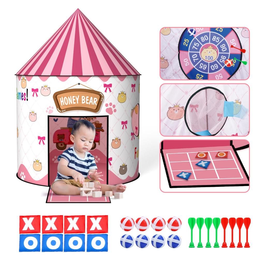 Skirfy Kids' Tent for Girls, Indoor Dart Game, Sticky Ball Game, Punching Bag Throw Game, Foldable Indoor Tent, 4-in-1 Play Mode, Secret Base,