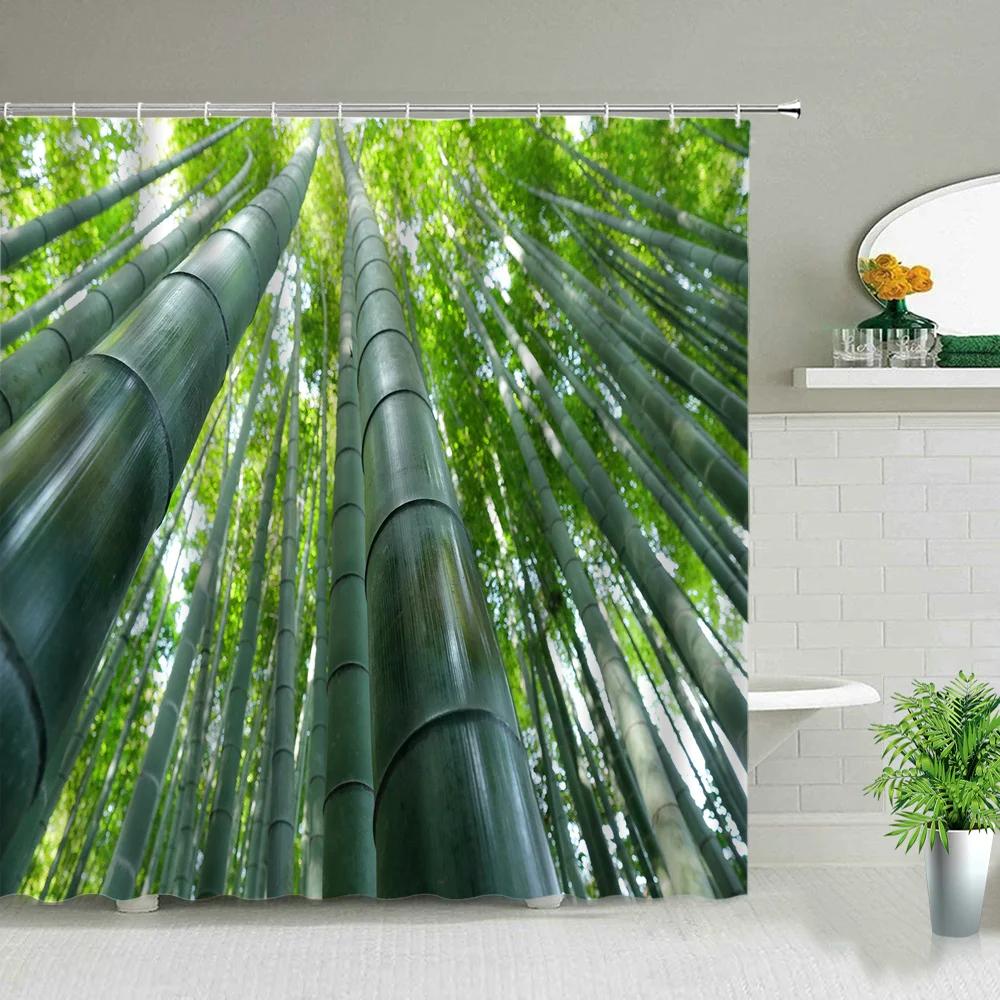 Yellow Green Bamboo Lotus Shower Curtain Bathroom Curtains Plant Flower Natural Scenery Fabric Background Wall Decor Screen Hook