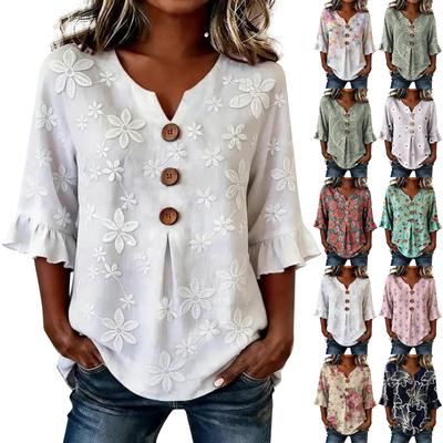 Women V Neck Floral Print Button Front Loose Fit Blouse Ruffle Sleeve Casual Top for Everyday Wear