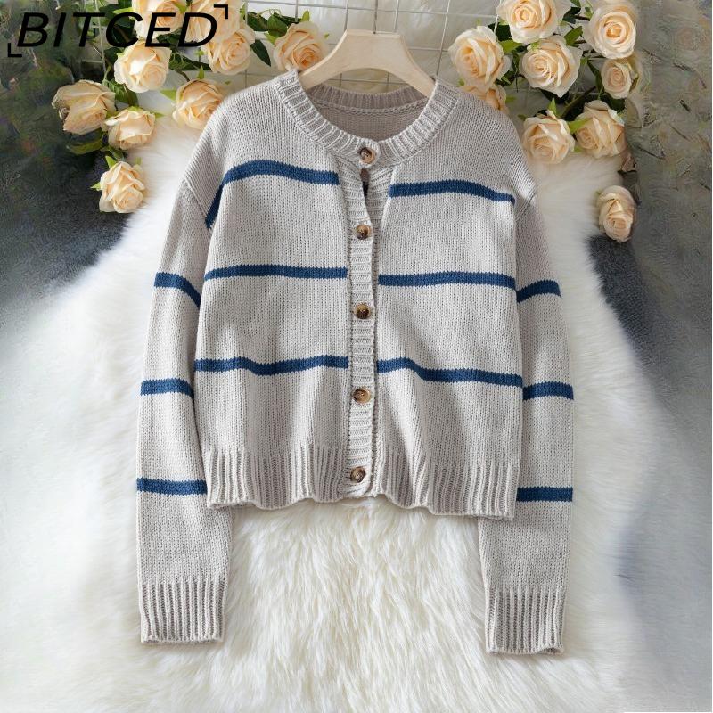 

BITCED Женский свитер с длинным рукавом: Осенне-зимний модный полосатый вязаный кардиган оверсайз XL серебряный серый