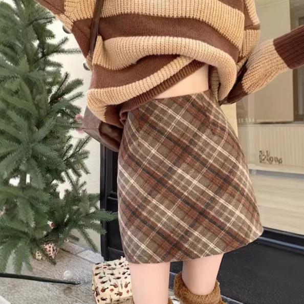 Korean Plaid High-Waisted Wool Blend A-Line Midi Skirt - Women's Autumn/Winter Style