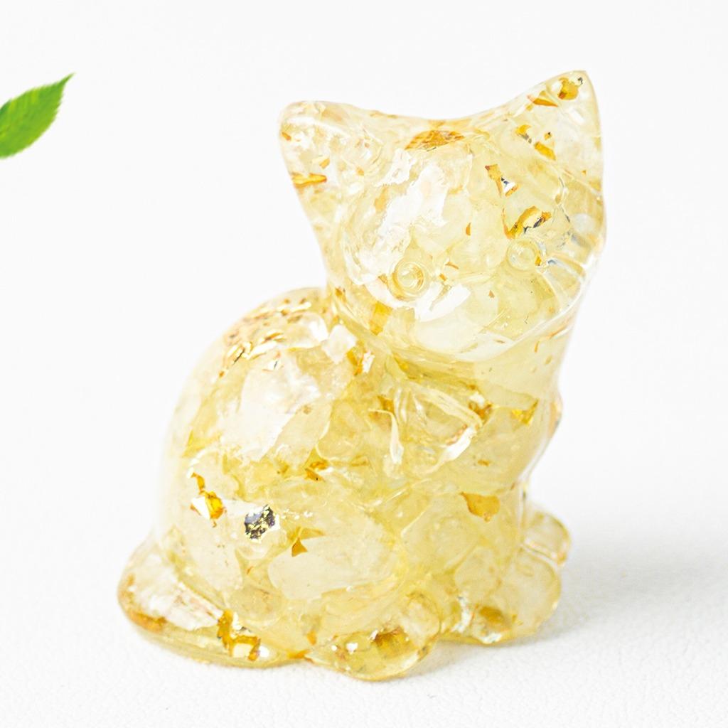 Natural Crystal Gravel Resin Sitting Turning Face Cat Figurine With Gold Foil Cute Desktop Decor For Home Office