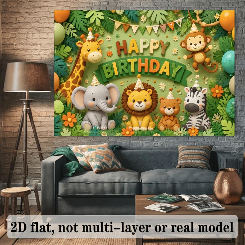 2D Flat Forest Animals Happy Birthday Backdrop Printed with Giraffe Elephant Lion Bear Cute Animals Tropical Balloons Decor No Power