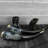 Set of 2 Viking Drinking Horn Natural Drinking Horn with Stand Polished Finish, Brass Trim Knob