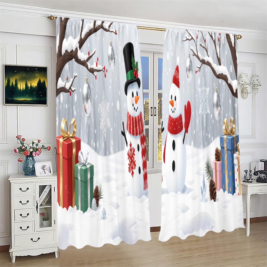 Christmas Gifts Snowman Printed Curtains Pole Bag Decorations Daily Home Room Curtain Made Of Polyester Washable
