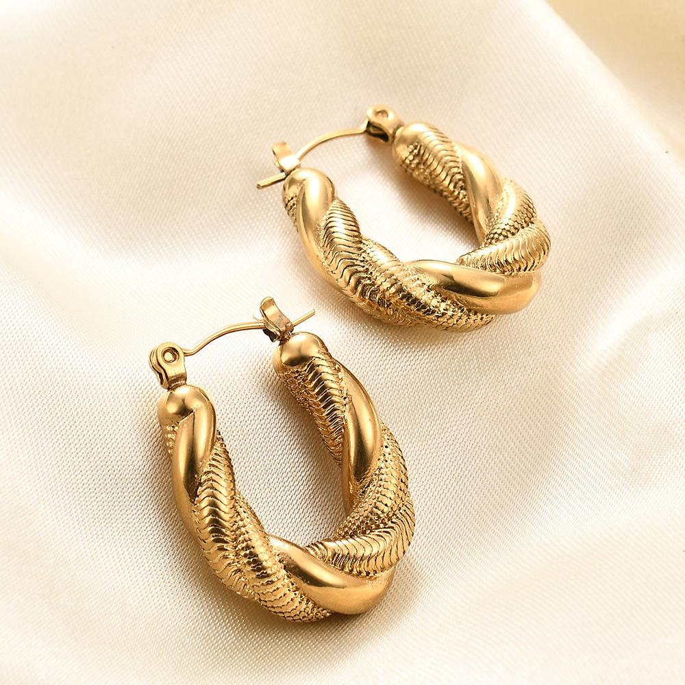 New Irregular Twist Snake Chain Double Layer 14K Gold Fashion Stainless Steel Earrings