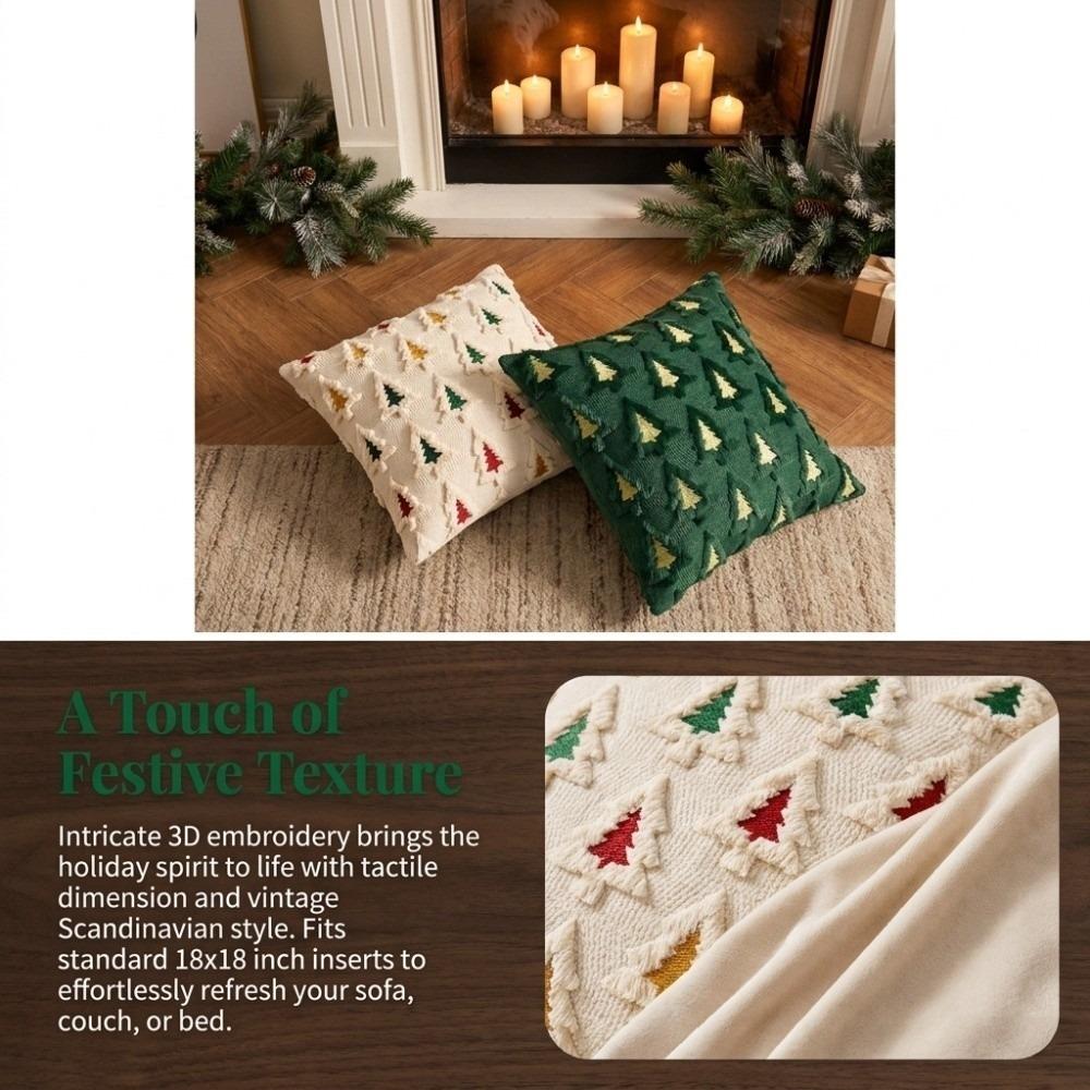 Velvet 3D Colorful Christmas Tree Throw Pillow Covers Embroidered Soft Cushion Covers Plush Vintage Pillow Case Living Room