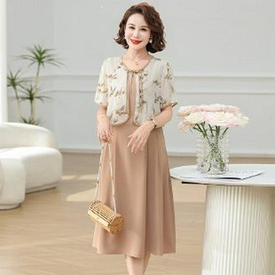 

Elegant 2026 Summer Dress for Middle-Aged Women: Short-Sleeved, Plus Size Skirt XL хакі