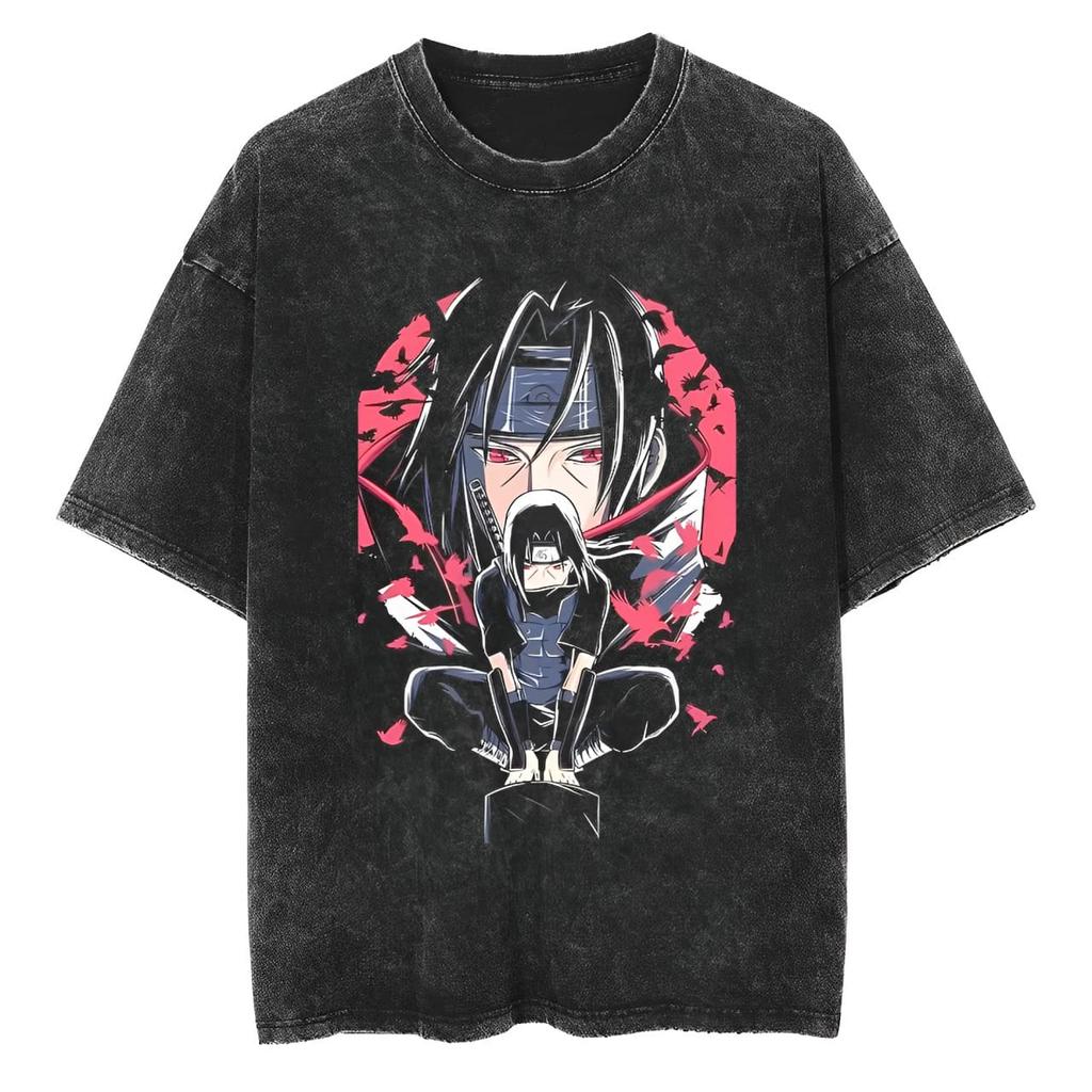 Itachi Uchiha T Shirt Naruto Men Acid Wash Anbu Crow Anime Graphic Cotton Streetwear Manga Mangekyo Sharingan Vintage Tee