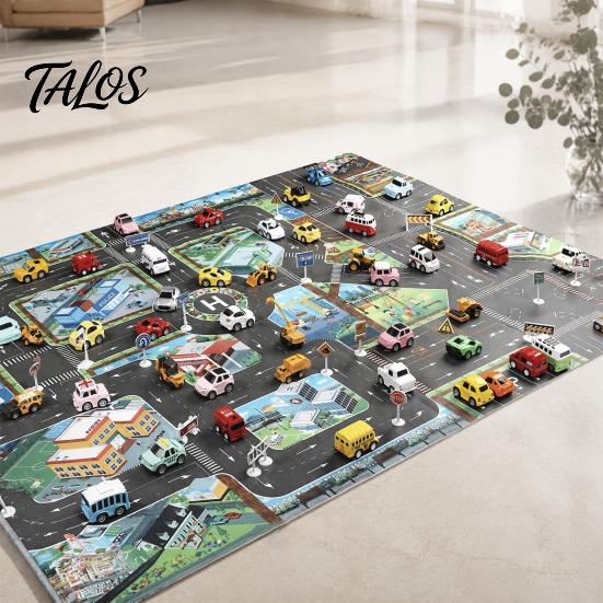 Non Slip Crawling Mat for Babies City Traffic Play Kids, 130x100cm Car Road Scene Toy Carpet Cars Rug with Signs, Foldable PVC Floor Bedroom