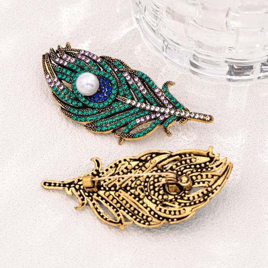 Feather Design Pin Vintage Peacock Brooch, Faux Pearl Rhinstone Lapel Retro Jewelry Pin, Clothing Accessories for Wedding Party Prom