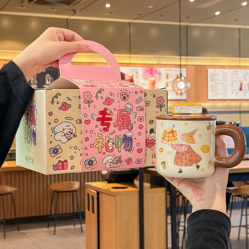 Cute milk fufu cake girl mug retro ceramic cup with lid girl birthday gift girlfriend souvenir