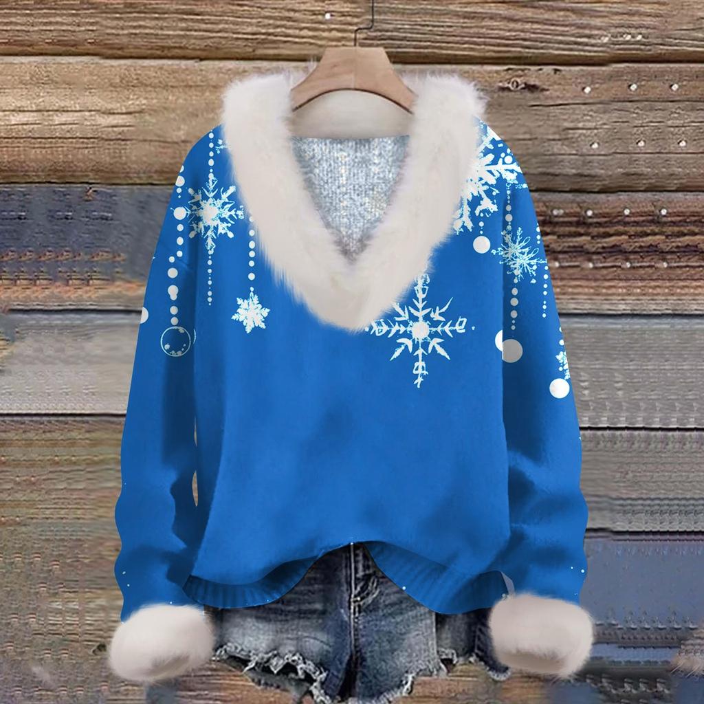 Women's Sweatshirt Long Sleeve Christmas Print Plush Collar V-Neck Pullover Top