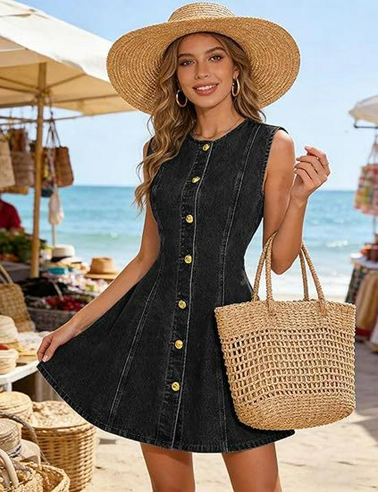 Women's 2026 European & American Slim Fit Washed Denim Sleeveless Button Dress with Pockets
