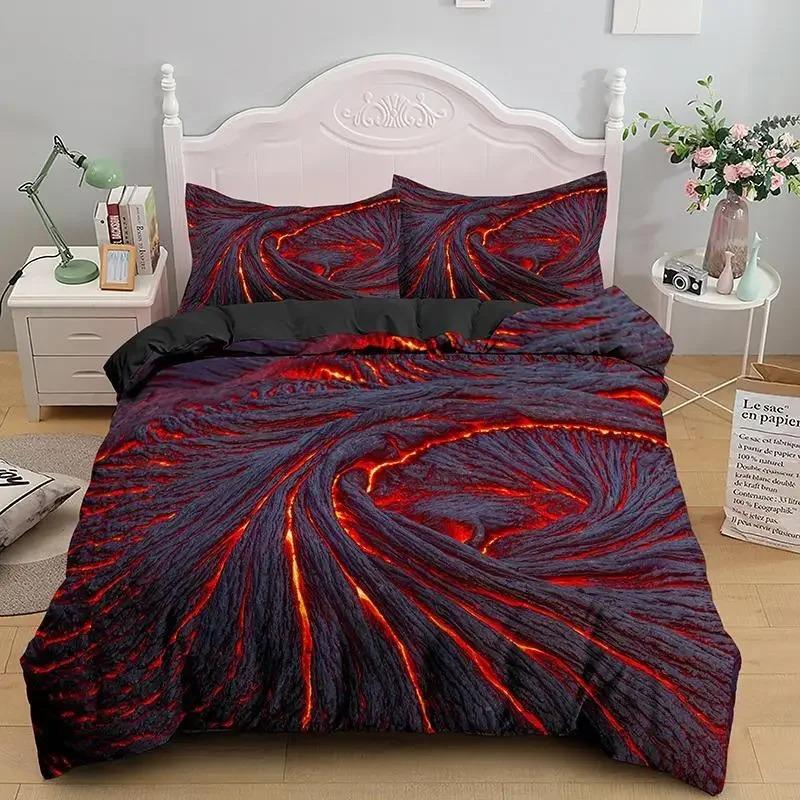 King Size Volcano Duvet Cover Set Red Yellow Disaster Pattern Microfiber Lava Bedding for Adult Men Teen