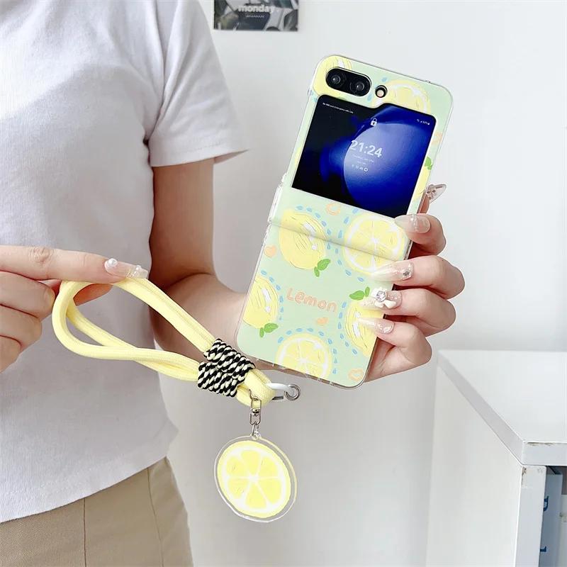 For Samsung Galaxy Z Flip 3 4 5 6 Case Summer Fruit Hand Strap Hard Cover For Samsung Z Flip5 ZFlip5 With Lanyard