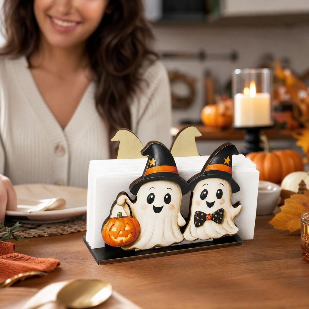 Wooden Halloween Napkin Holder for Tabletop Decoration, Holiday Party Dining and Seasonal Home