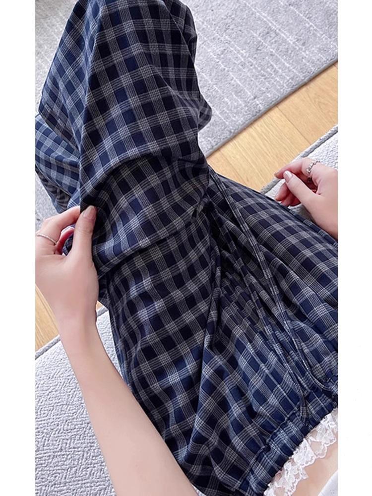 Women's High Waist Wide Leg Pants Straight Leg Trousers Plaid Print Lace Patchwork Casual Loose Fit Long Trousers For Summer Daily Wear
