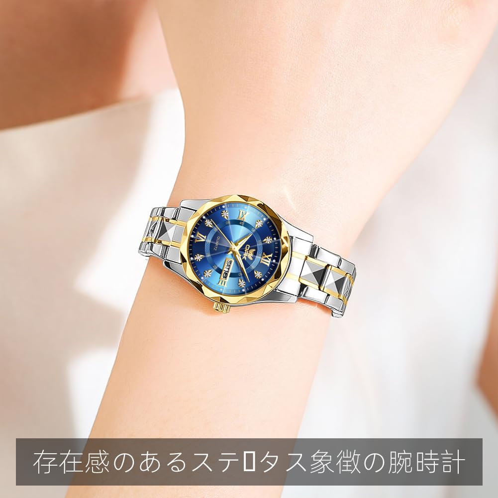 Stylish quartz watch for featuring a day and date round 30mm stainless diamond and water resistance women's commuting, calendar, display, face,