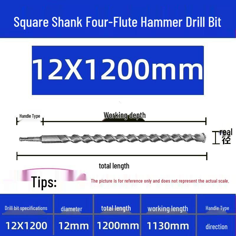 Extended Electric Hammer Drill Bit, Square & Round Shank, for Concrete Piercing - Available in 500mm to 2m Lengths