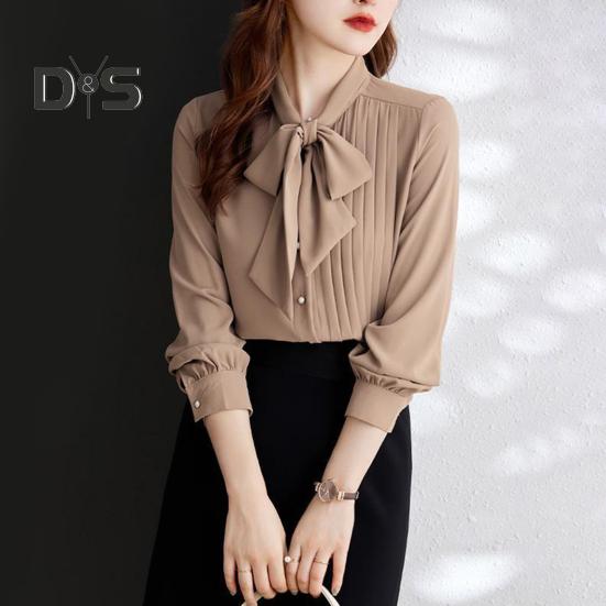 Women Shirt Stand Collar Lace-up Bowknot Long Sleeve Pleated Pullover Tops Solid Color Loose Fit Chiffon Blouse