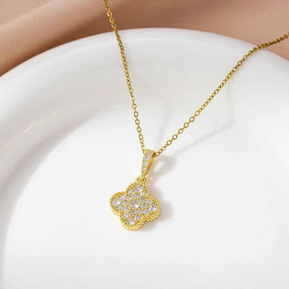 Titanium Steel Full Diamond Flower Necklace Female, Light Luxury Simple Versatile Zircon Pendant Collarbone Chain Jewelry