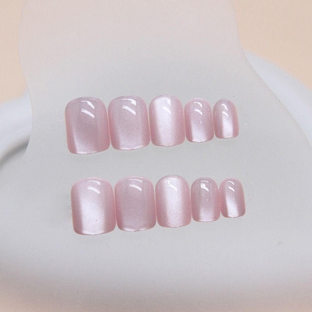 Short Round False Nails Pink Cat Eye Nail Tips Detachable Fake Nails  for DIY
