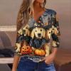 Women's Casual Halloween Print V-Neck Button Three-Quarter Sleeve Pullover T-Shirt