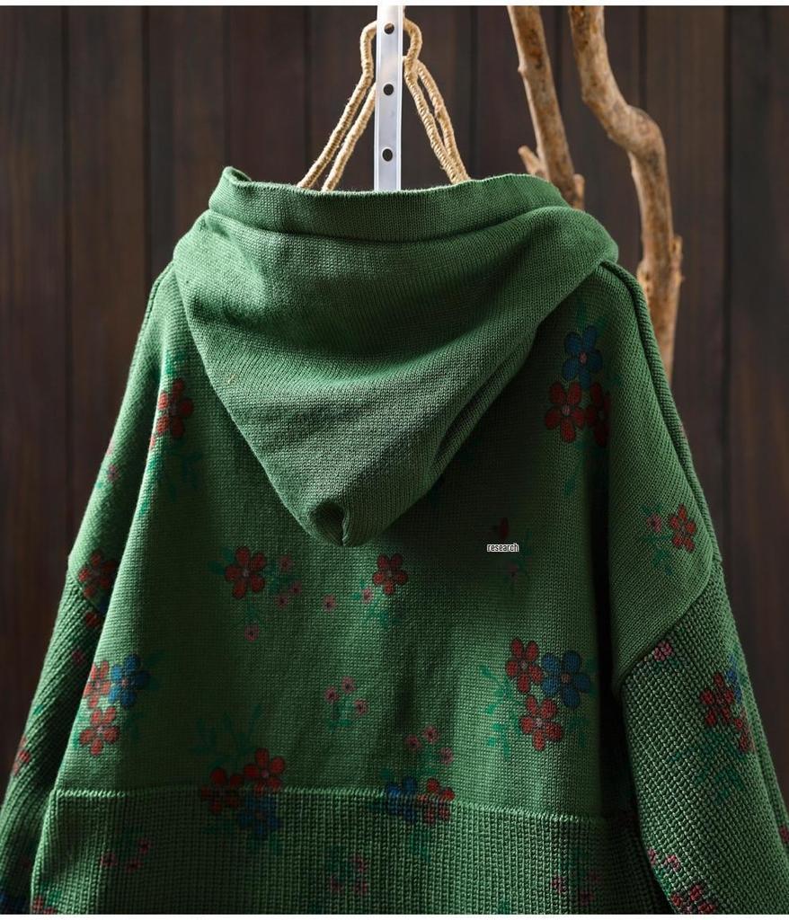 2025 Bo Jia Fan Flower Print Hooded Cotton Knit Sweater - Loose Fit, Autumn Style