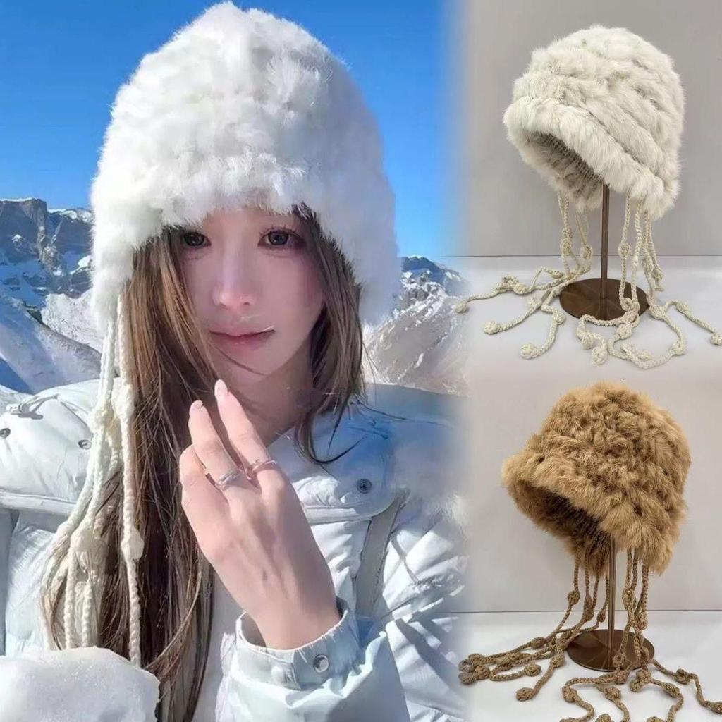 Rabbit-fur Knit Autumn Winter Cold-Weather Beanie with Fringe Earflaps New Style Thickened Woolen Hat for Warmth Woolen Beanie