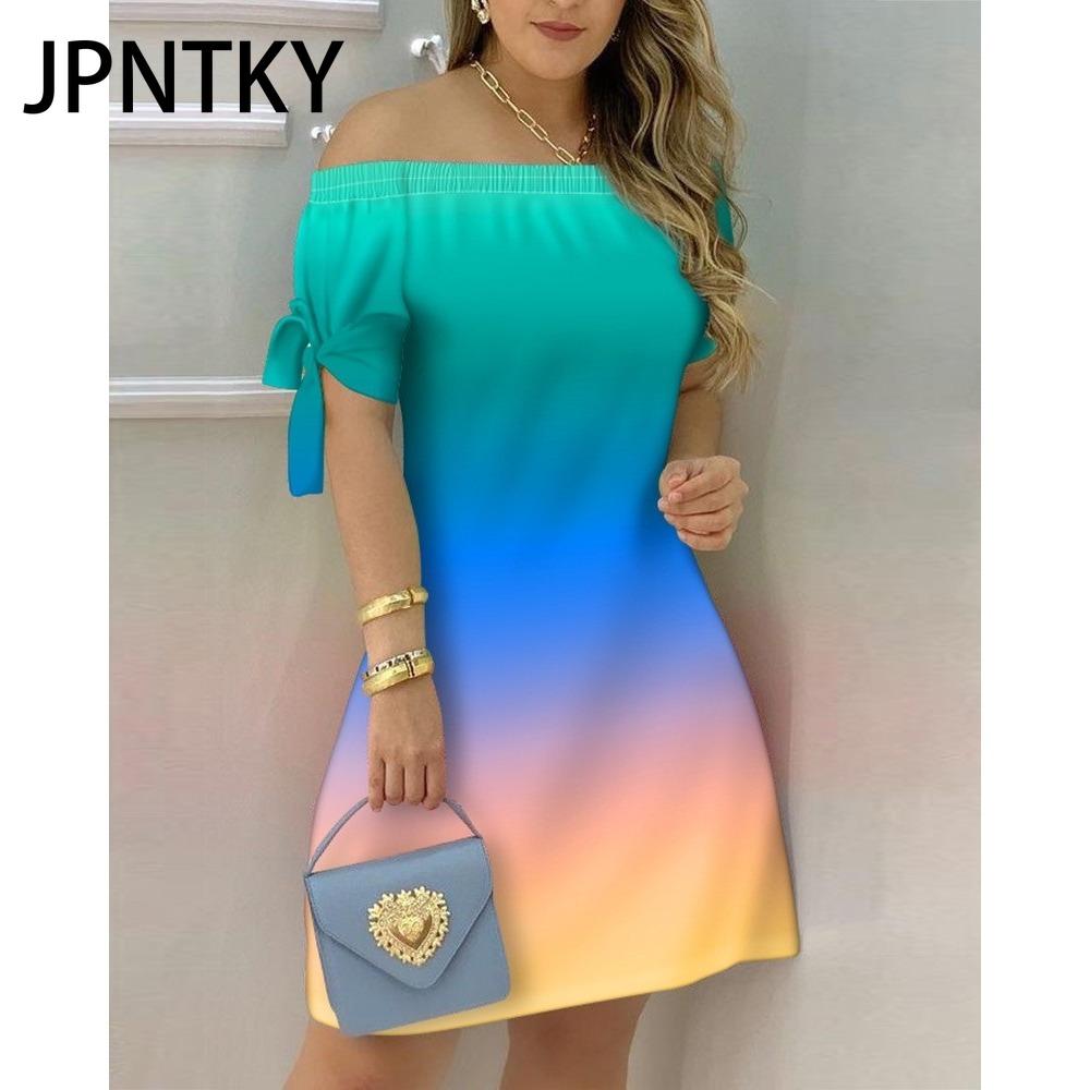 JPNTKY Women Fashion Off Shoulder Dress Short Sleeve Bow Tie Print Dresses Summer Beach Dresses Plus Size