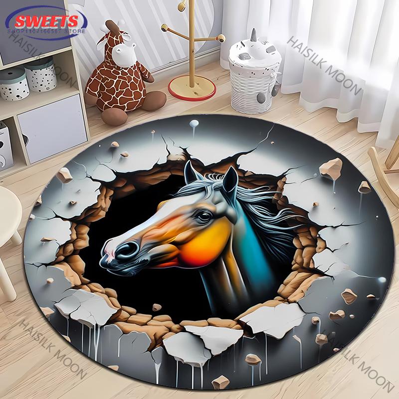 Super Shocking 3D Space Art Horse Printed Round Rug, Chair Carpet, Children Playing Mat Living Room Bedroom Rug,Non-slip Doormat