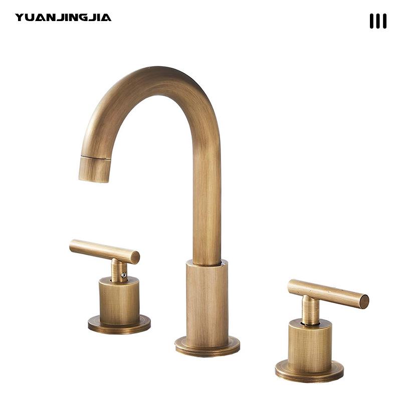European Retro Brass Three-Hole Basin Faucet with Separate Double Handles for Hot and Cold Water