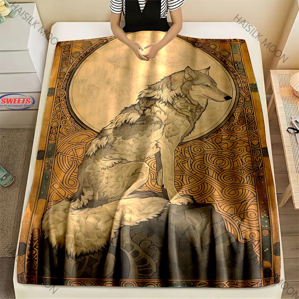 6 Sizes Mysterious Black Wolf Wolf Totem Print Flannel Blanket for Son Husband Dad,Super Soft Fluffy Bedroom Sofa Office Blanket