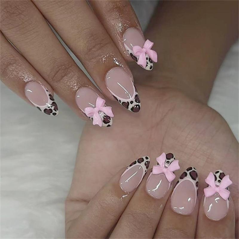 

24Pieces Animal Pattern Press On Nail French Style Rhinestones Bows Artificial Nail Glossy Coating Comfort Fit 1