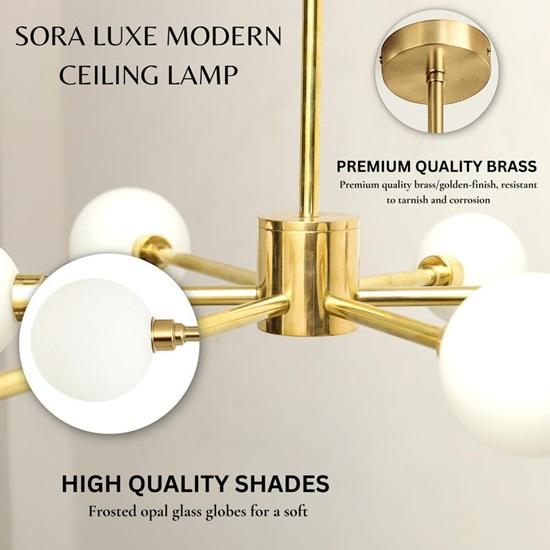 Candelabru Modern Auriu Sputnik Sticlă Mată 6 Lămpi Suspendat