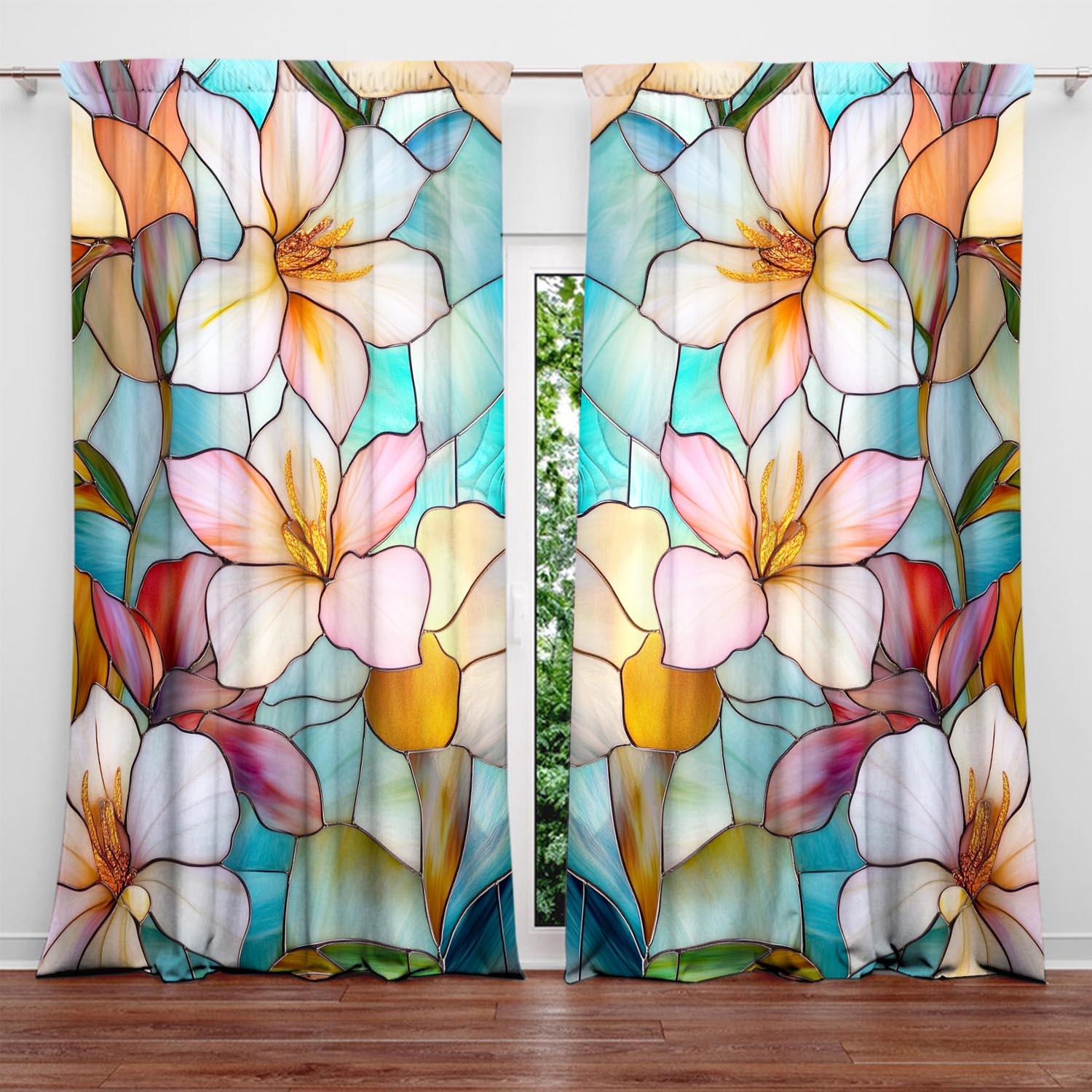 

2 Panels Stained Glass Flower Pattern Window Curtains- Heat-insulating Suitable for Decorating Curtains in Various Rooms 100*130 Grommet Top 1pcs