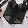 Summer Lace Flowers Embroidery Lingerie Women Tight Corset Sexy Mesh Breathable Fish Bone Shapewear Bow Sling Low Collar Tops