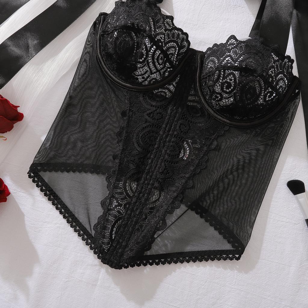 Lenjerie de vară cu broderie de flori din dantelă pentru femei, corset strâmt, sexy, din plasă respirabilă, modelatoare cu balene, cu fundă, bretele sling, topuri cu decolteu jos