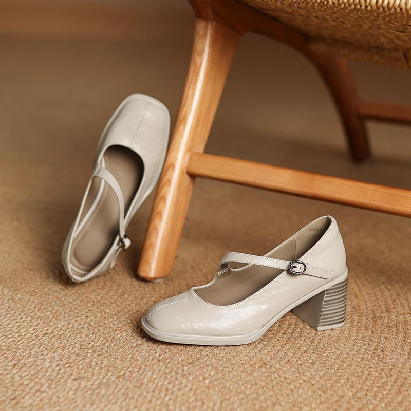 Krazing Pot Sheep Skin Spring Summer Size 41 Chunky Heels Women Square Toe Mary Janes