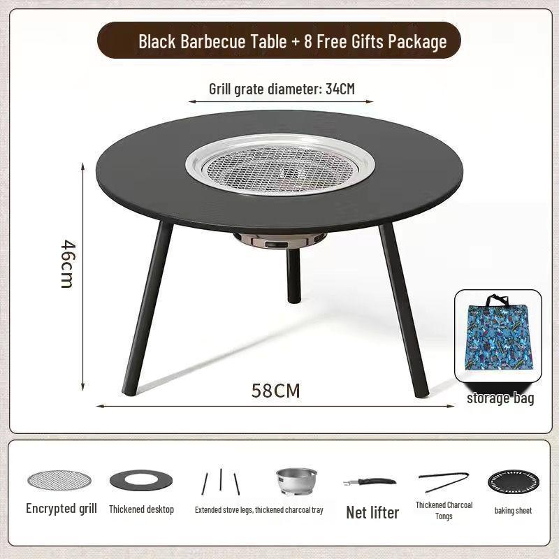 Portable Folding BBQ Grill with Solid Wood Table for Outdoor Picnic and Meat Barbecue