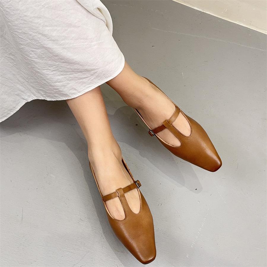 Johnature Belt Buckle Pointed Toe Flats Genuine Leather Solid Color Shallow Casual Women s Shoes 35 кофейный