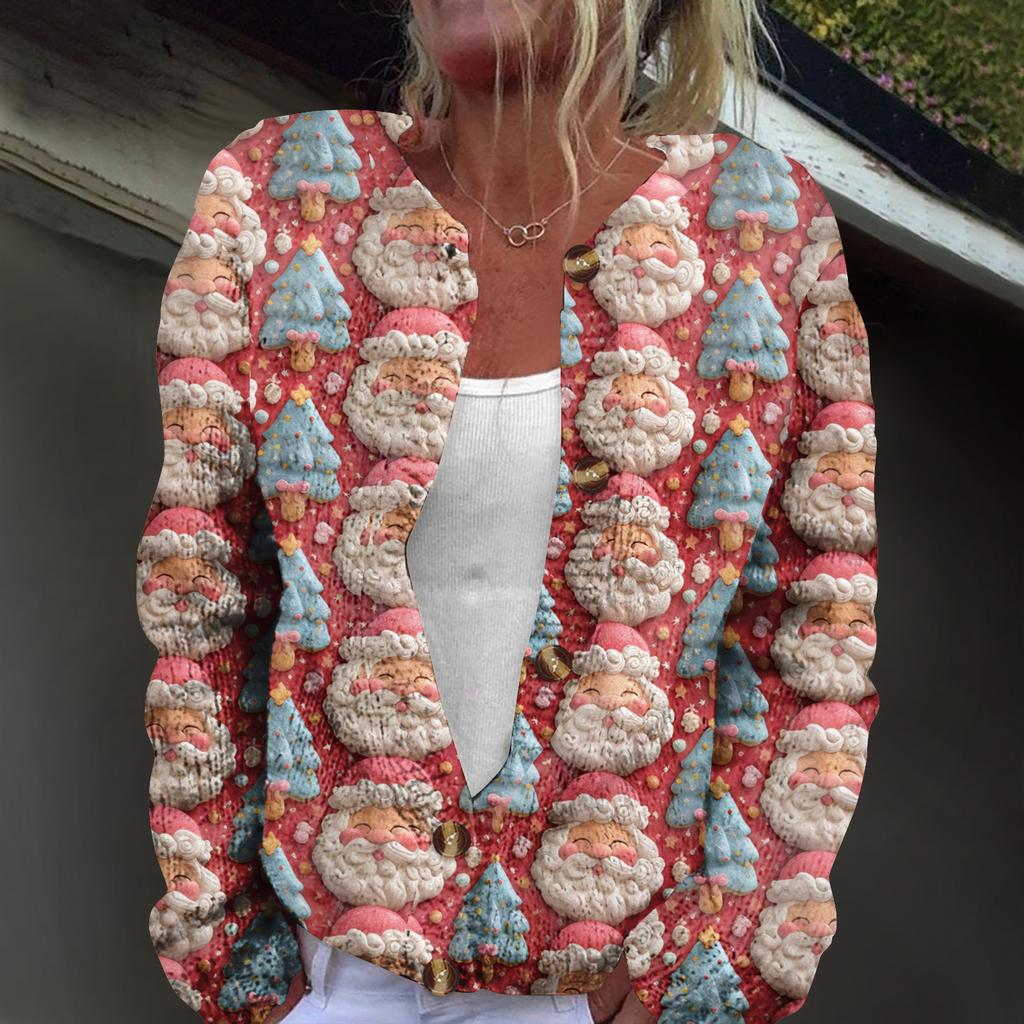 Women's Fashion Christmas Print Long Sleeve Knitted Cardigan Button Jacket